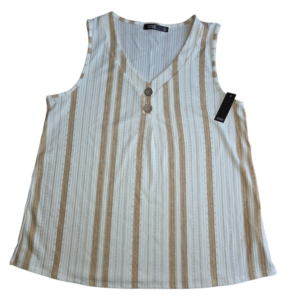 CURE Sleeveless Striped Henley Top Tan/White Ribbed Knit V-Neck Size Medium NWT